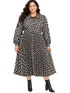 ELOQUII Pleated Geometric Print Shirt Dress – Size 28